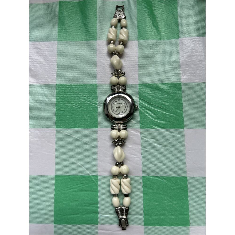 Bonetto Silver Tone White Bead Womens Quartz Watch